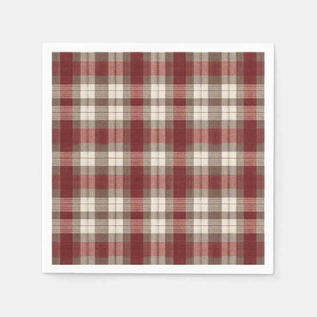 Classic Ivory Brown Rust Red Plaid Pattern Napkin (Front)