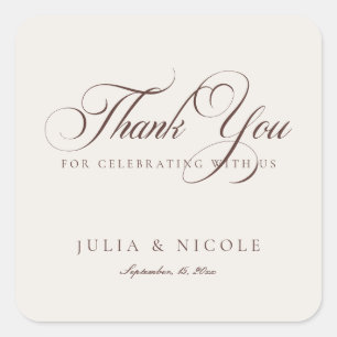 Classic Ivory Brown Script Calligraphy Wedding Square Sticker