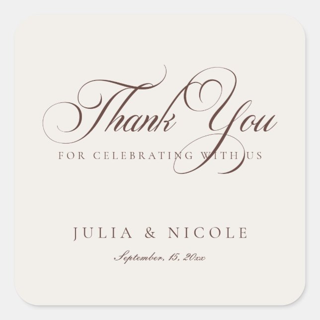 Classic Ivory Brown Script Calligraphy Wedding Square Sticker (Front)