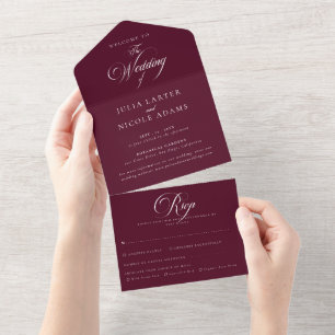 Classic Ivory Burgundy Calligraphy Wedding  All In One Invitation