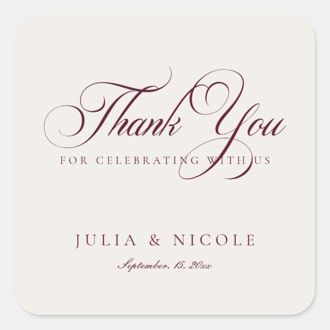 Classic Ivory Burgundy Script Calligraphy Wedding Square Sticker (Front)