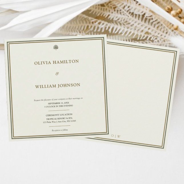 Classic Ivory & Gold Monogram Square Wedding Invitation (Minimalist ivory & gold wedding invite with monogram back — refined & timeless design.)