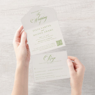 Classic Ivory Green Calligraphy QR Code Wedding All In One Invitation