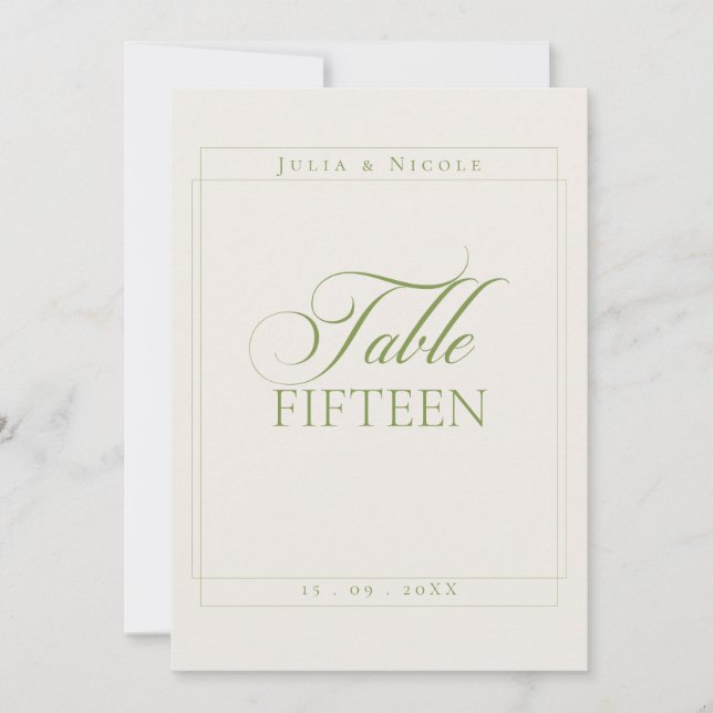 Classic Ivory Green Calligraphy Table Number (Front)
