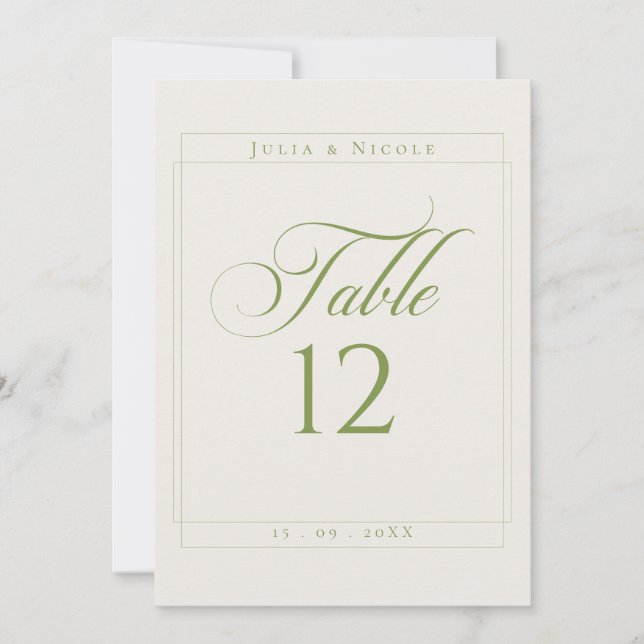 Classic Ivory Green Calligraphy Table Number (Front)