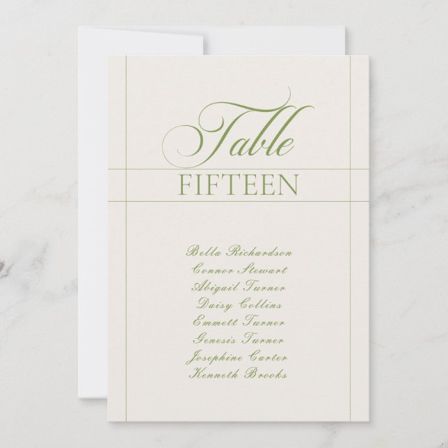 Classic Ivory Green Calligraphy Table Number Sign (Front)
