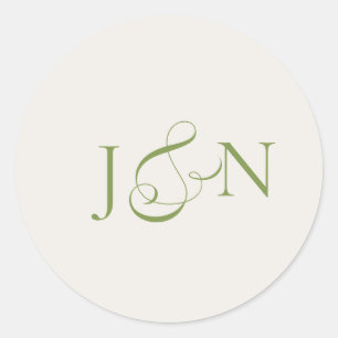 Classic Ivory Green Calligraphy Wedding Round Sticker
