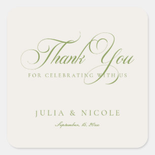 Classic Ivory Green Script Calligraphy Wedding Square Sticker