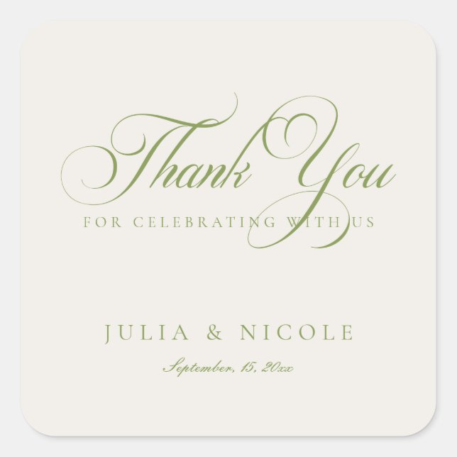 Classic Ivory Green Script Calligraphy Wedding Square Sticker (Front)