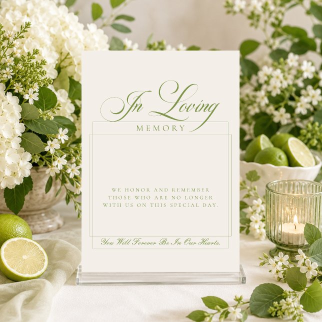 Classic Ivory Green Script In loving Memory Sign Invitation (Creator Uploaded)