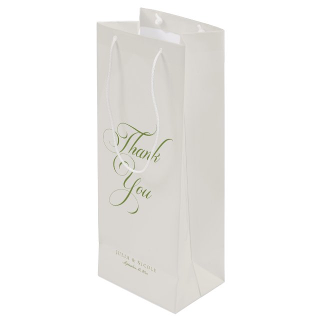 Classic Ivory Green Simple Wedding Welcome Wine Gift Bag (Back Angled)