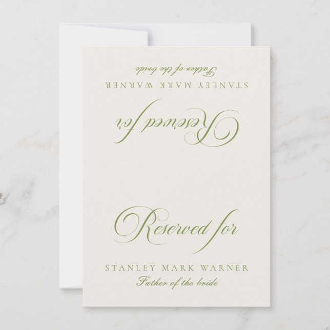 Classic Ivory Green Wedding Reserved Table Card (Front)
