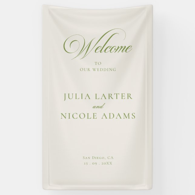Classic Ivory Green Welcome Wedding Banner Sign (Vertical)