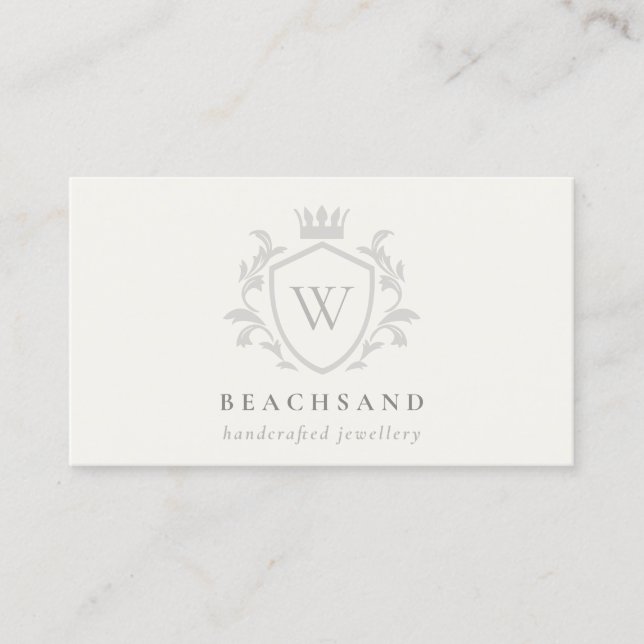 Classic Ivory Grey Monogram Floral Crown Crest  Business Card (Front)