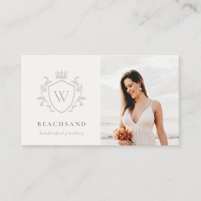 Classic Ivory Grey Monogram Floral Photo Crest Business Card (Front)