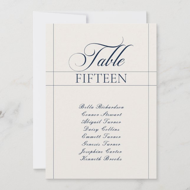 Classic Ivory Navy Blue Calligraphy Table Number (Front)