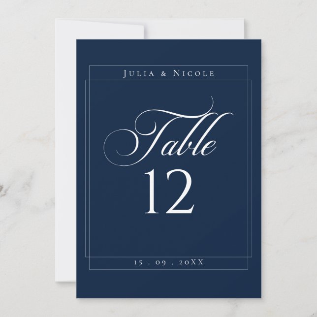 Classic Ivory Navy Blue Calligraphy Table Number (Front)