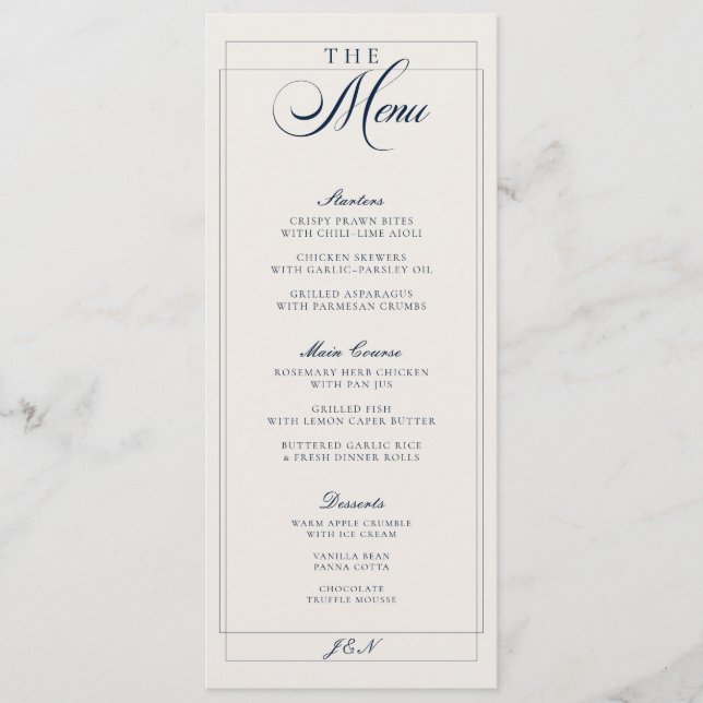 Classic Ivory Navy Blue Calligraphy Wedding Menu (Front)