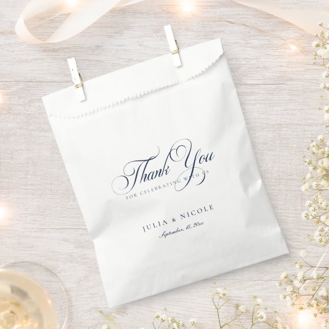 Classic Ivory Navy Blue Script Calligraphy Wedding Favour Bags (Clipped)