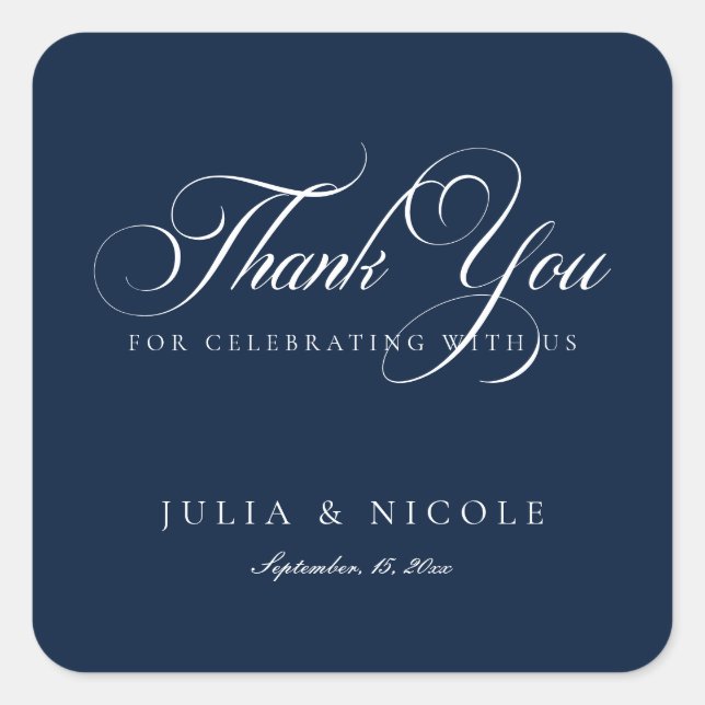 Classic Ivory Navy Blue Script Calligraphy Wedding Square Sticker (Front)