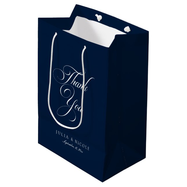 Classic Ivory Navy Blue Style Wedding Welcome Wine Medium Gift Bag (Front Angled)