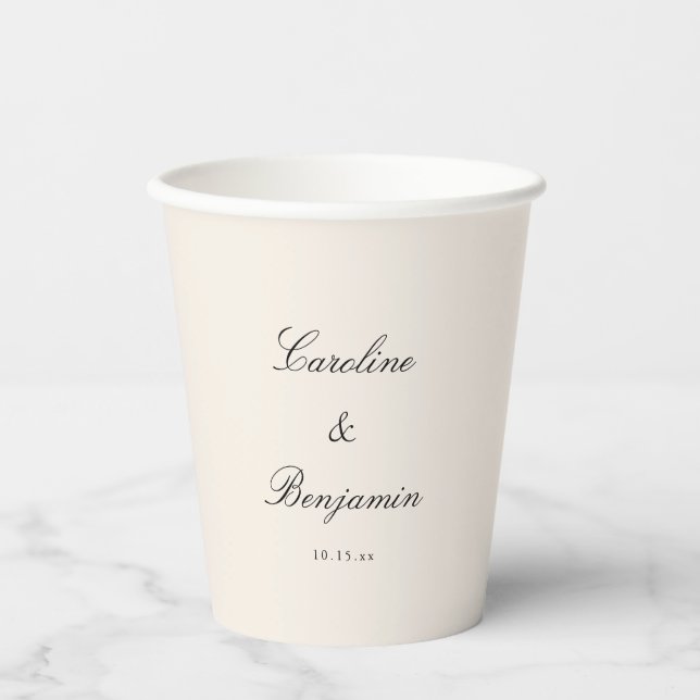 Classic Ivory Script Elegant Wedding Custom Name Paper Cups (Front)