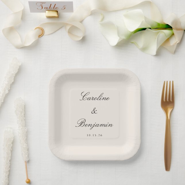Classic Ivory Script Elegant Wedding Custom Name  Paper Plate (Wedding)