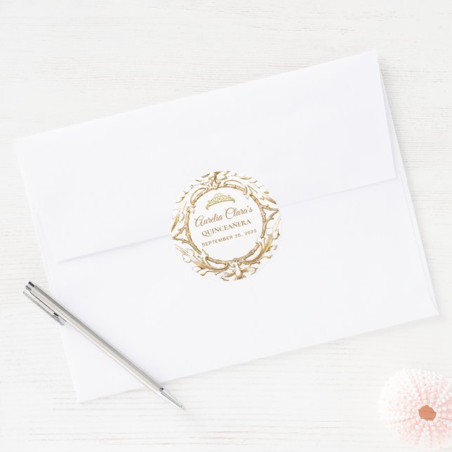 Classic Ivory White Gold Frame Quinceanera Classic Round Sticker (Envelope)