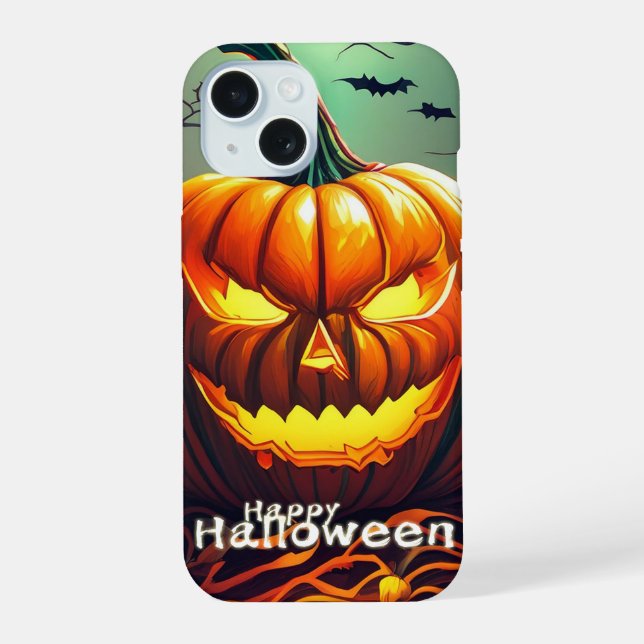 Classic Jack-o-Lantern Bats Twisted Tree Art iPhone 15 Case (Back)