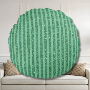 Classic Jade Green Glitter Style Vertical Stripes Round Cushion