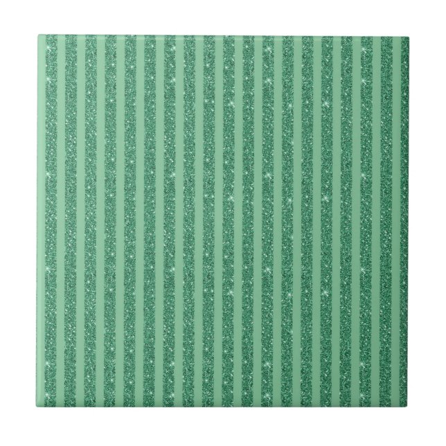 Classic Jade Green Glitter Style Vertical Stripes Tile (Front)