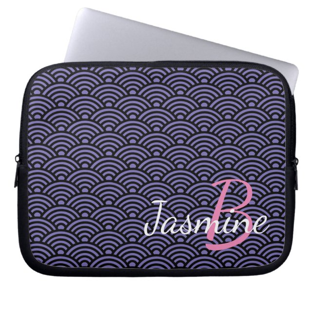 Classic Japanese Blue Wave Deco and Monogram Laptop Sleeve (Front)
