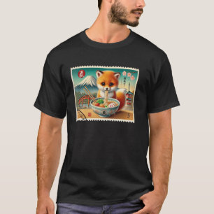 Classic Japanese Mt. Fuji Postage Stamp Fox Pup Ra T-Shirt