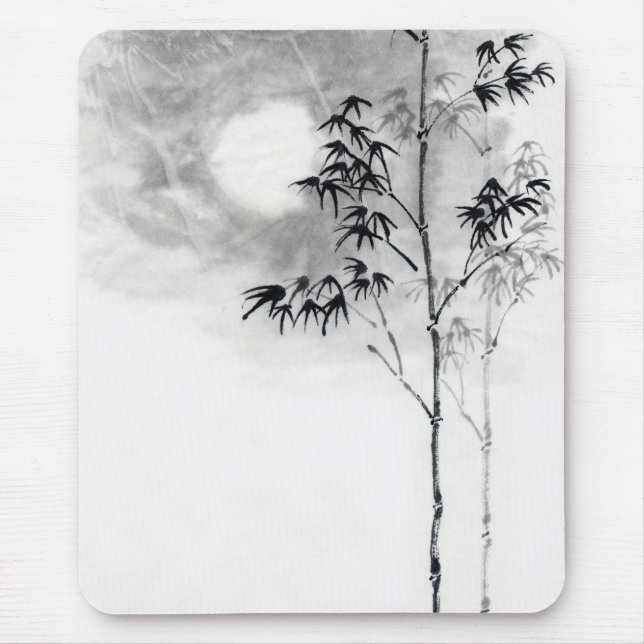 Classic  japanese sumi-e painting art bamboo moon mouse mat (Front)
