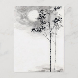 Classic  japanese sumi-e painting art bamboo moon postcard