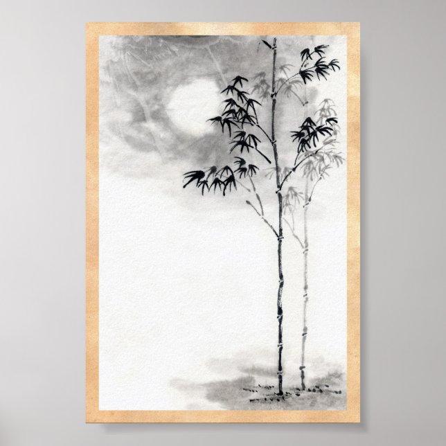 Classic  japanese sumi-e painting art bamboo moon poster (Front)