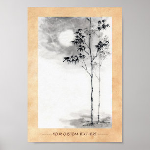Classic japanese sumi-e painting art bamboo moon poster