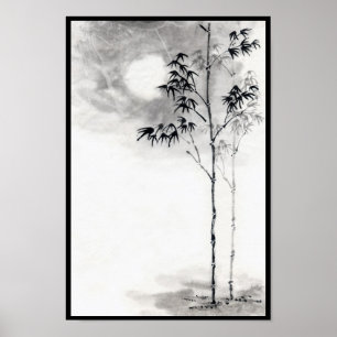 Classic japanese sumi-e painting art bamboo moon poster