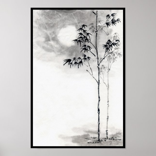 Classic  japanese sumi-e painting art bamboo moon poster (Front)