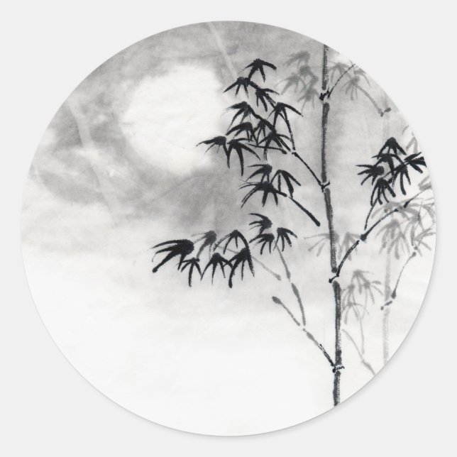 Classic  japanese sumi-e painting art bamboo moon round sticker (Front)