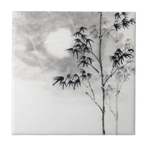 Classic japanese sumi-e painting art bamboo moon tile