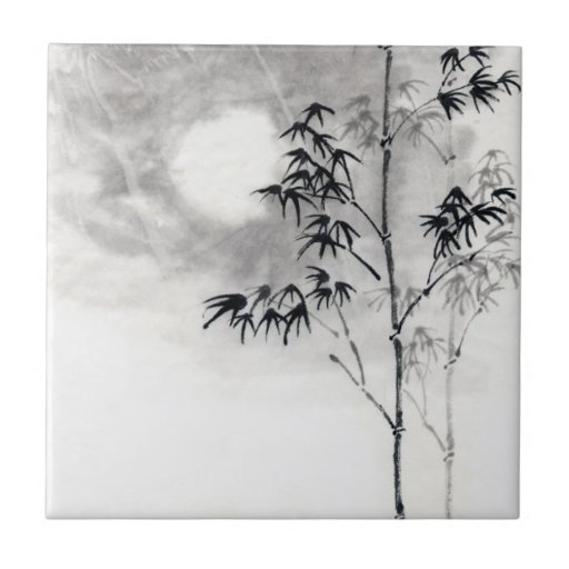 Image of Classic japanese sumi-e painting art bamboo moon Tile