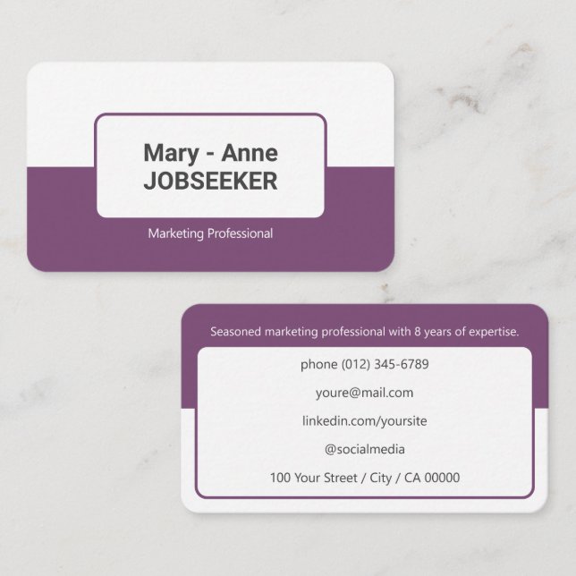 Classic Job Seeker 2 Coloured Elegant Purple Plum Business Card (Front/Back)