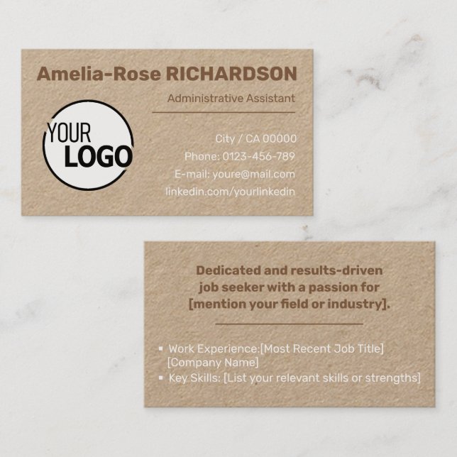 Classic Job Seeker Logo Template Brown Kraft Paper Business Card (Front/Back)