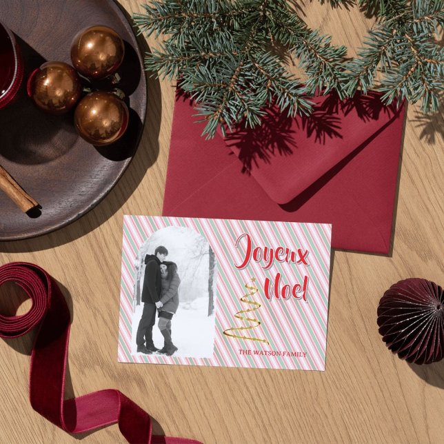 Classic Joyeux Noel Green Red Stripes Christmas Holiday Card (Spread the joy of the season with this customizable Classic Christmas photo holiday card. )