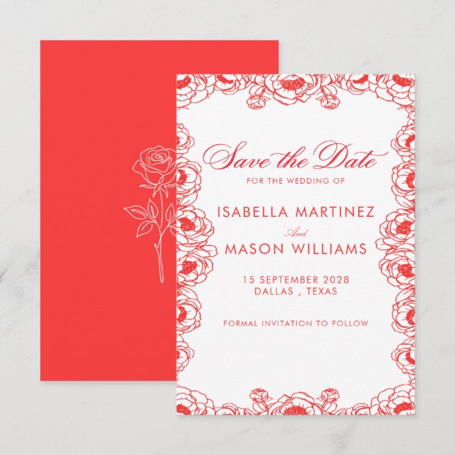 Classic  juice red french flowers save the date (Front/Back)
