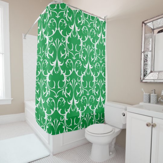 Classic Kelly Green & White Damask Floral Shower Curtain Zazzle.co.uk