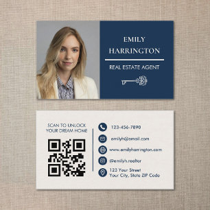 Classic Key QR Code Navy Real Estate Agent Business Card