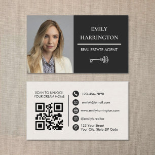 Classic Key QR Code Neutral Real Estate Agent Business Card