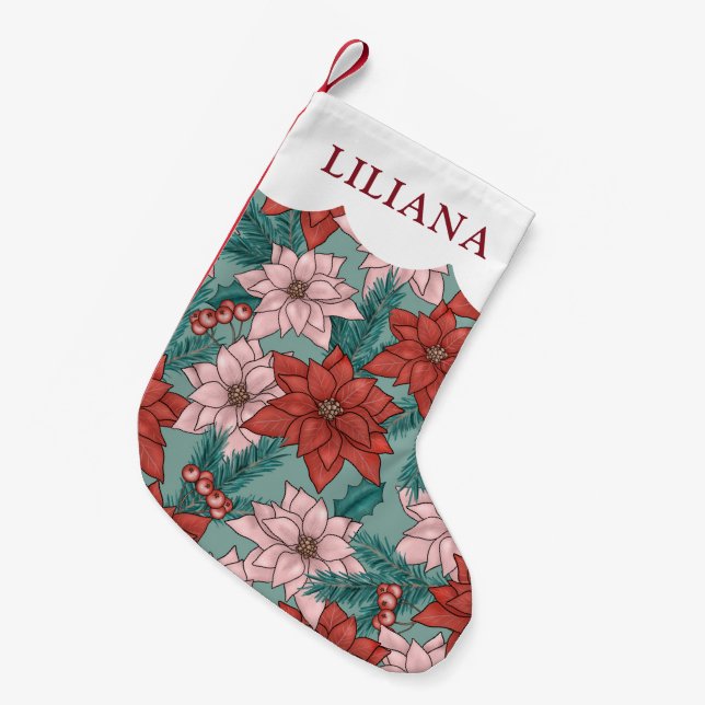 Classic Kids Holiday Poinsettia Flowers Christmas  Small Christmas Stocking (Front (Hanging))